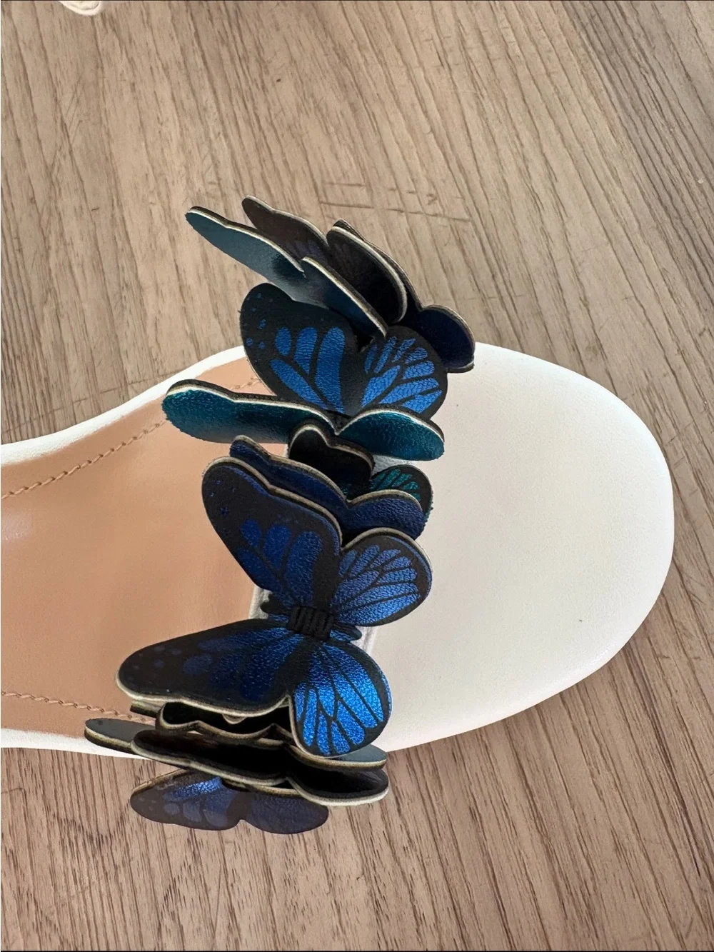 I adore White Ankle-Tie Heels with Blue and Black Butterfly Accents laceup